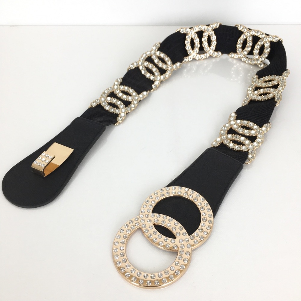 Vintage Black Elastic Belt with Gold Rhinestone Double Ring